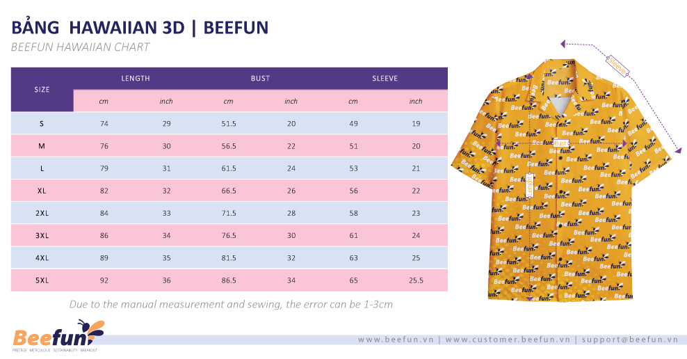 Size Chart Beefun Fulfilment Hawaiian 3D Pod 