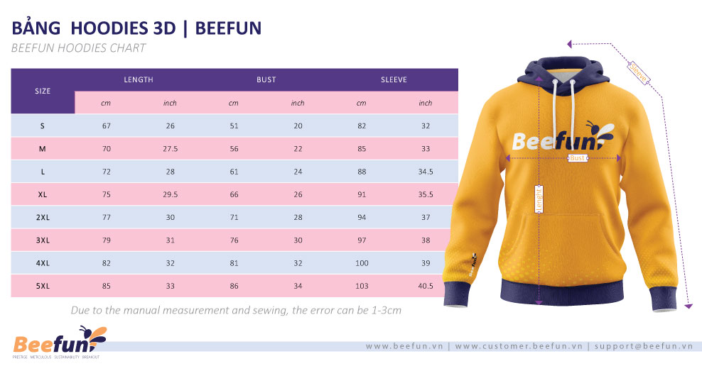 Size Chart Beefun Fulfilment Hoodies 3D Pod 