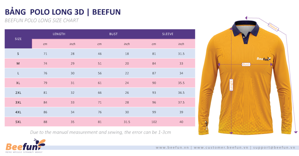 Size Chart Beefun Fulfilment Polo Longsleeve 3D Pod 