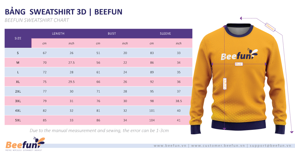 Size Chart Beefun Fulfilment Sweater 3D Pod 