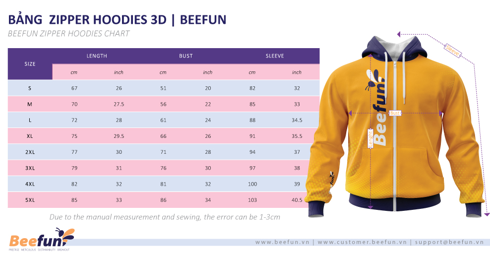 Size Chart Beefun Fulfilment Zipper Hoodies 3D Pod 